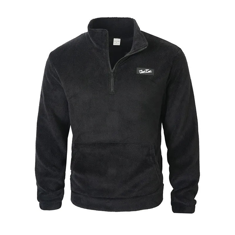 Stand collar loose long sleeve half-zip sweatshirt in grey, front view
