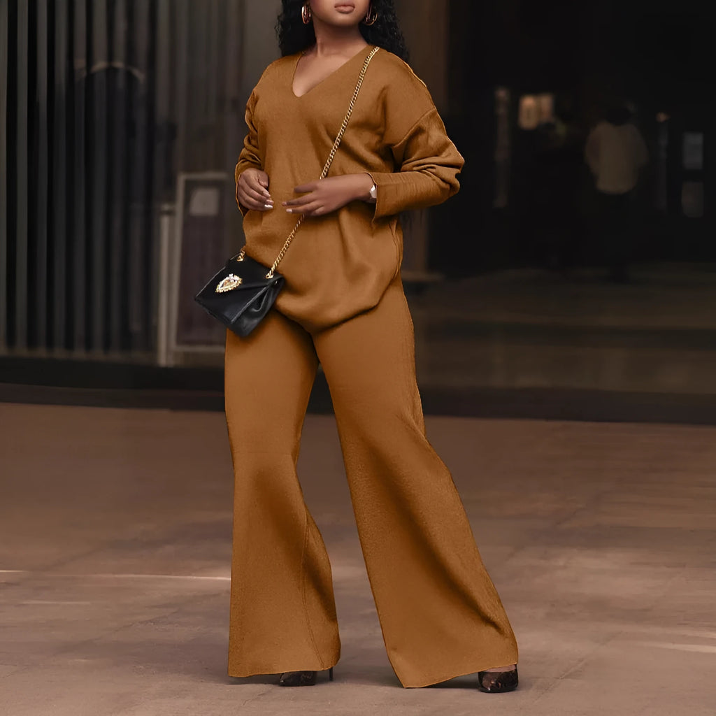 Women's brown thickened suede two-piece suit with split sleeves and trousers in Japanese casual style