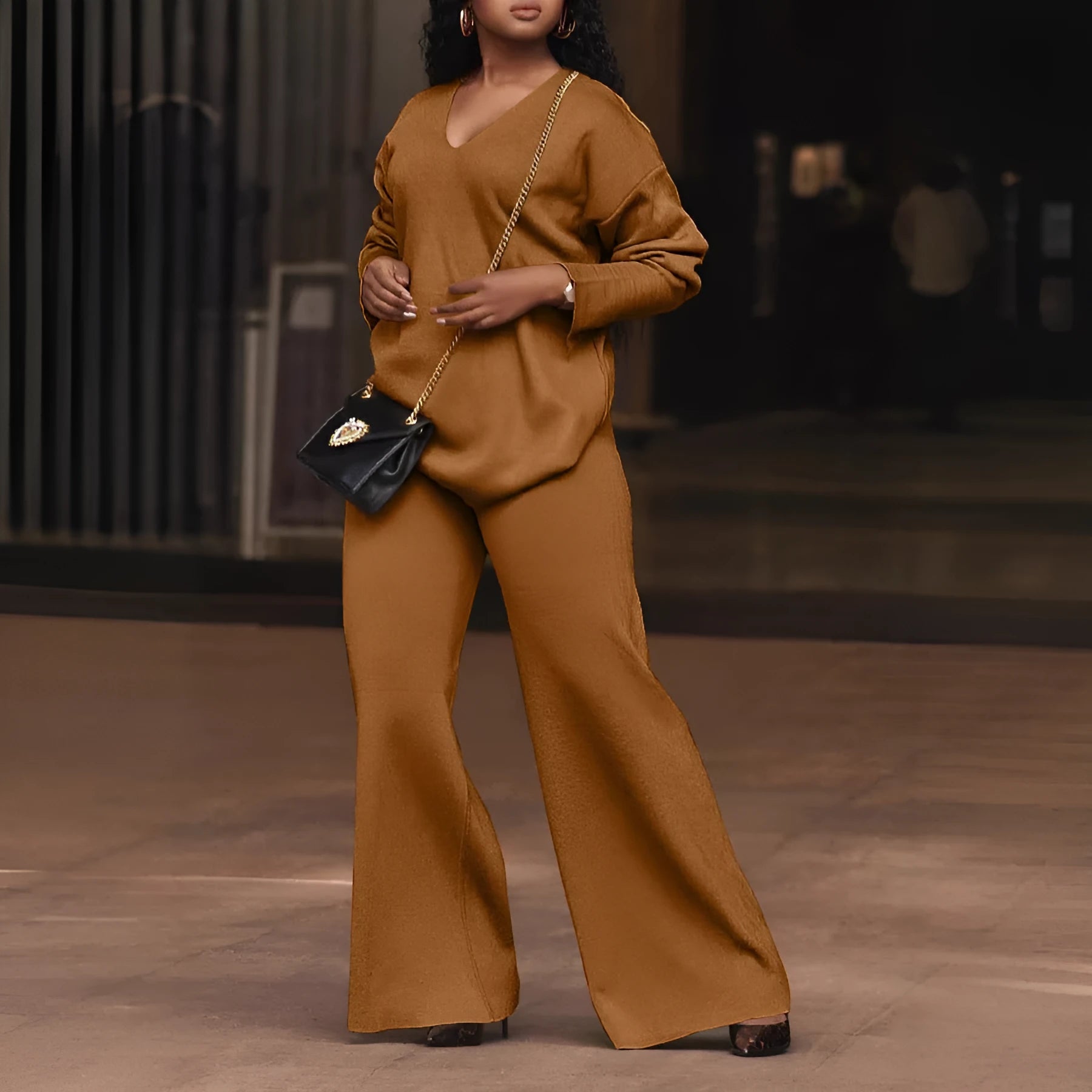 Women's brown thickened suede two-piece suit with split sleeves and trousers in Japanese casual style