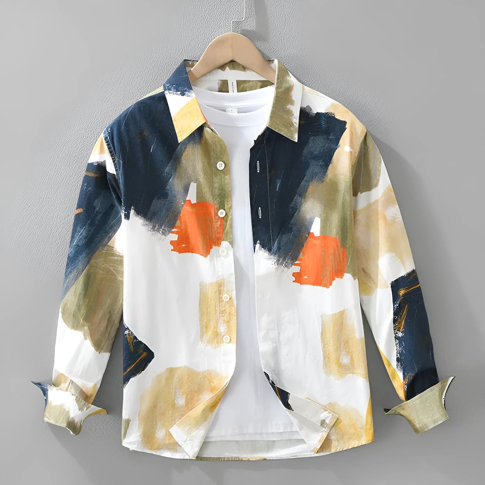 Women's loose cardigan top in printed cotton fabric with long sleeves and artistic colour pattern