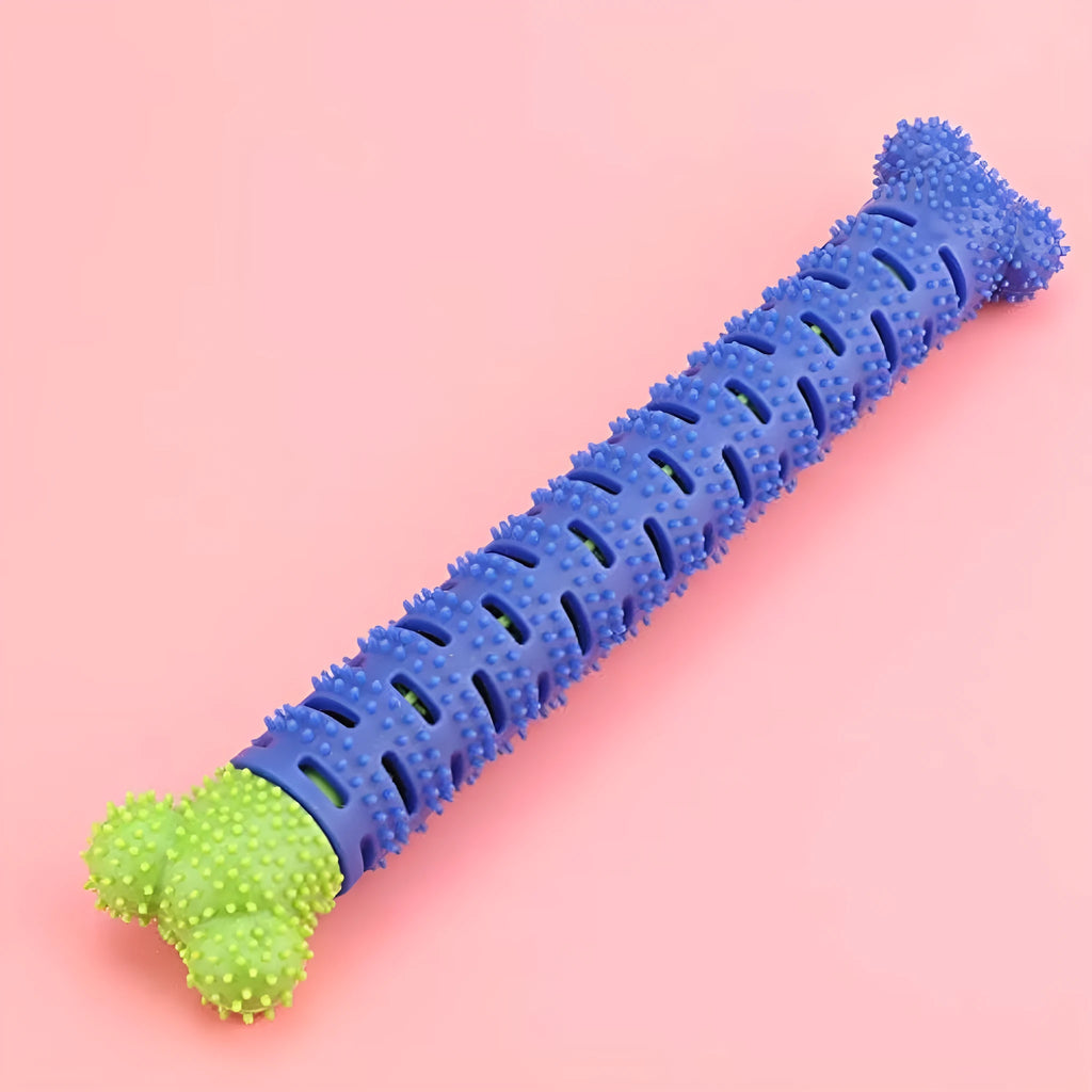 Blue silicone dog dental cleaner stick with serrated brush head and massage nodules, 25cm length