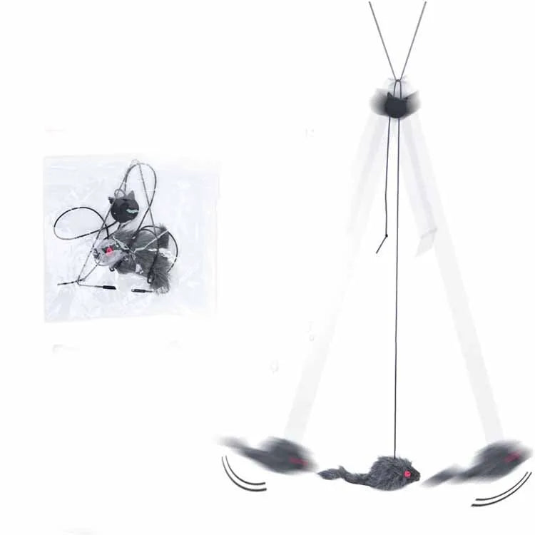 Pet telescopic hanging door cat toy with plush mouse, adjustable buckle, and 1.8-metre elastic rope in grey