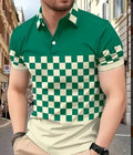 Men's loose fit short-sleeved lapel polo shirt in solid colour pinhole cloth fabric.