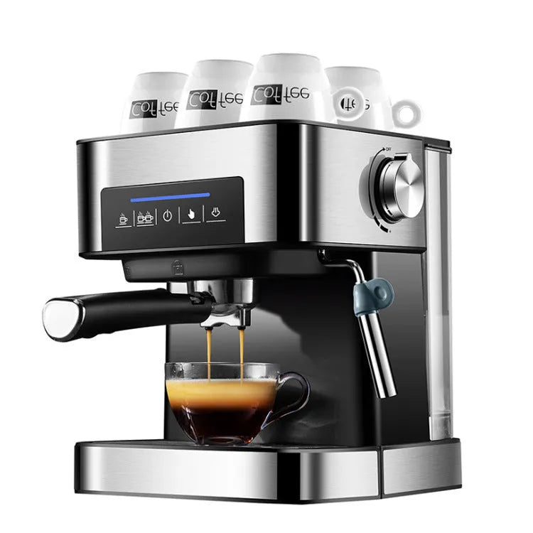 Black home espresso machine with steam milk frother, 1.6L tank, 850W, touch controls, EU plug