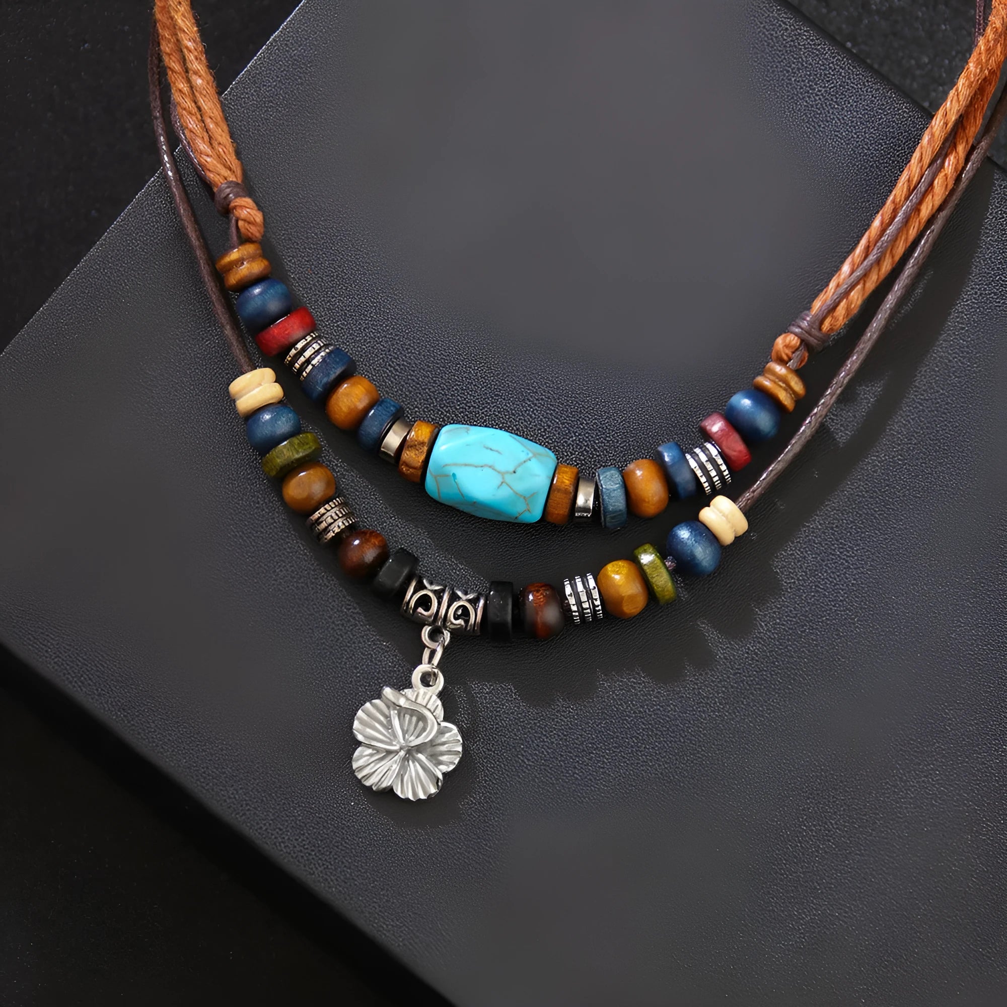 Turquoise wooden bead necklace for men with alloy geometric flower pendant on wax rope chain