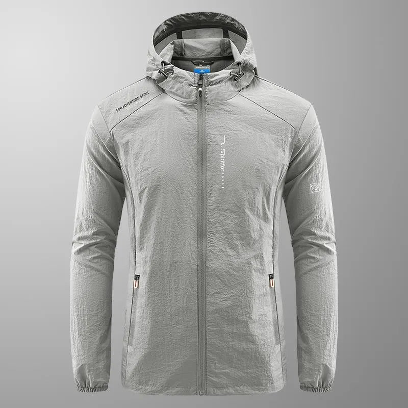 Men's light grey hooded nylon summer jacket with loose fit for sun protection