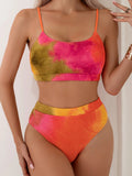 Women's orange and blue tie-dye pleated split bikini swimsuit with gradient pattern
