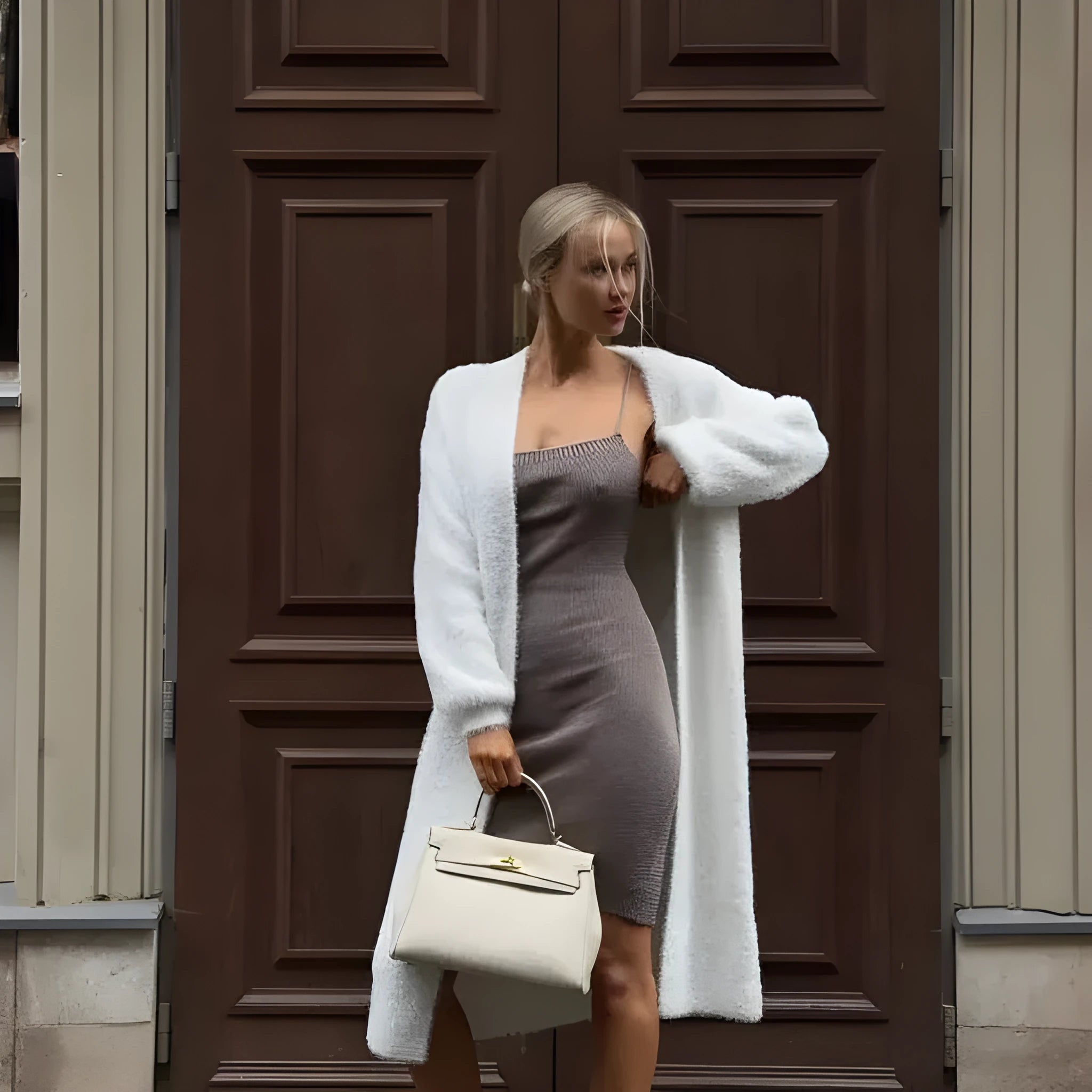 Long white women's cardigan jacket with thick knit and open front.