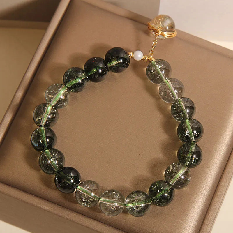 Green phantom quartz and chorite crystal women's bracelet in Japanese Korean style.