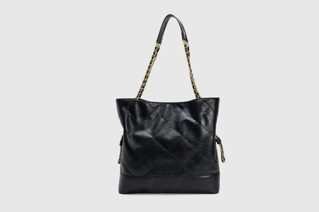 Large black PU shoulder handbag with diamond chain, vertical square shape, and double joint straps