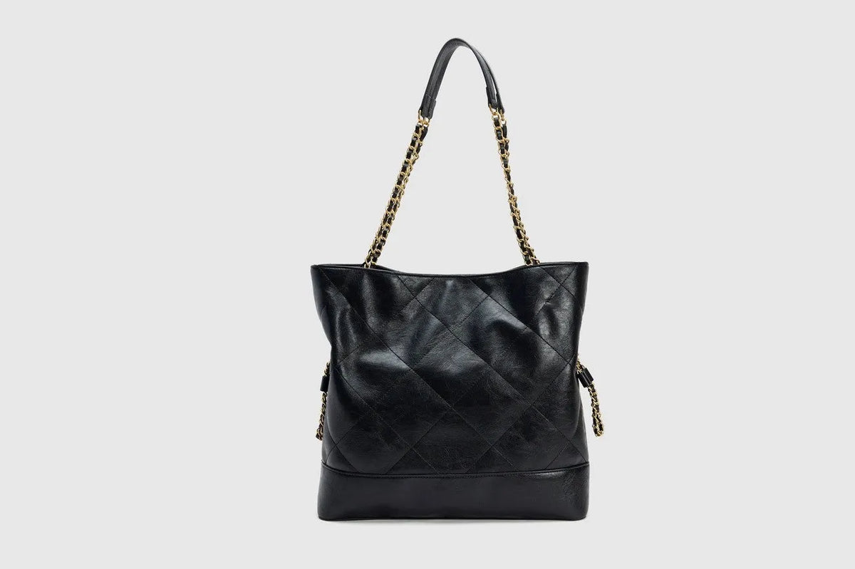 Large black PU shoulder handbag with diamond chain, vertical square shape, and double joint straps