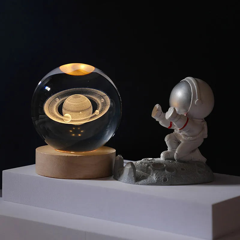 Luminous crystal ball night light on wooden base with astronaut figurine, 6cm or 8cm ball, USB plug-in desktop ornament