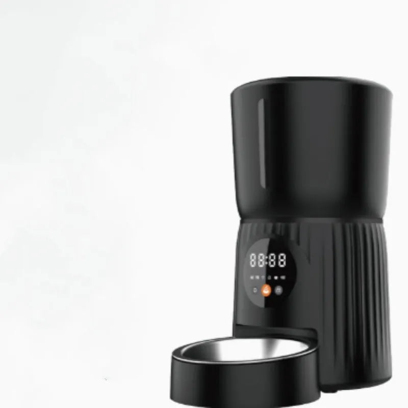 Black and white intelligent pet feeder with automatic timer and USB power cable