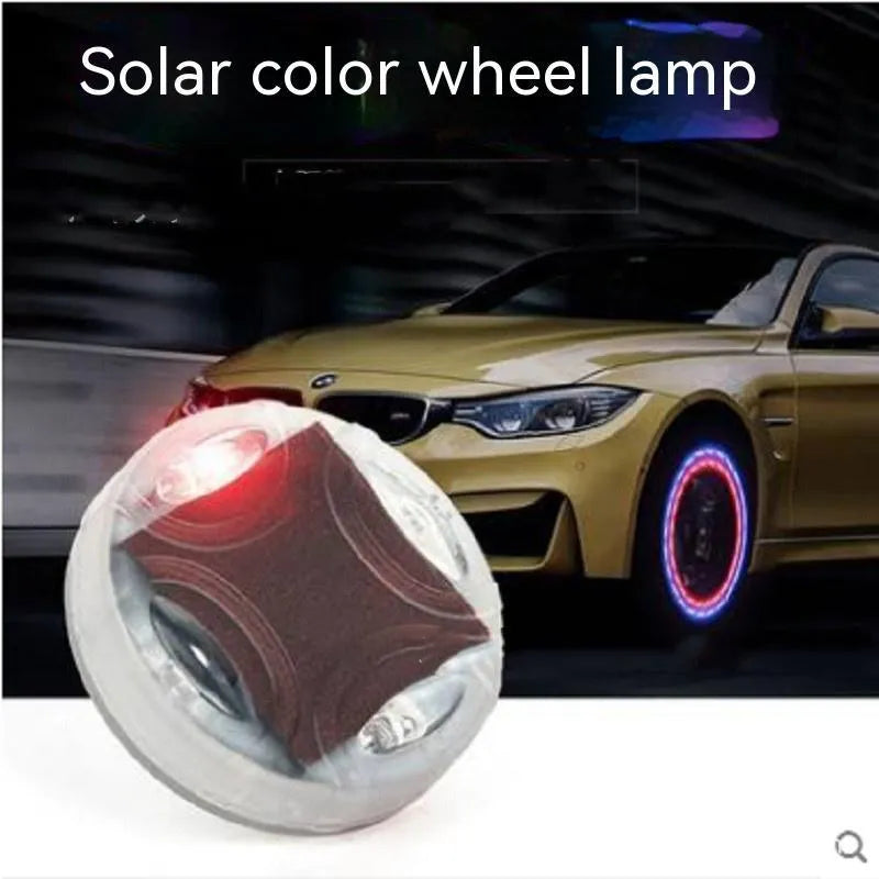 Solar valve tyre light with colour-adjustable LEDs mounted on car tyre valve stem