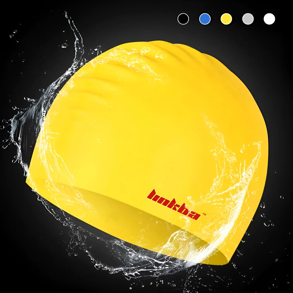 Silicone swimming cap with earmuff design in multiple colours featuring a printed letter pattern.