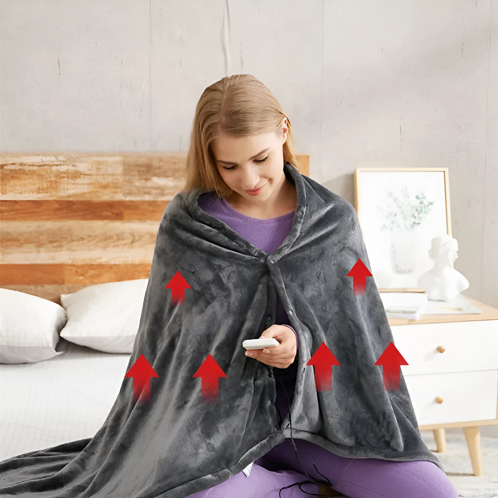 Dark grey coral fleece USB heated blanket shawl with control button