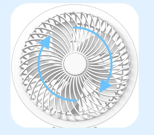 Portable 7-inch rechargeable folding desk fan with LED lamp and aromatherapy, white colour, placed on a table