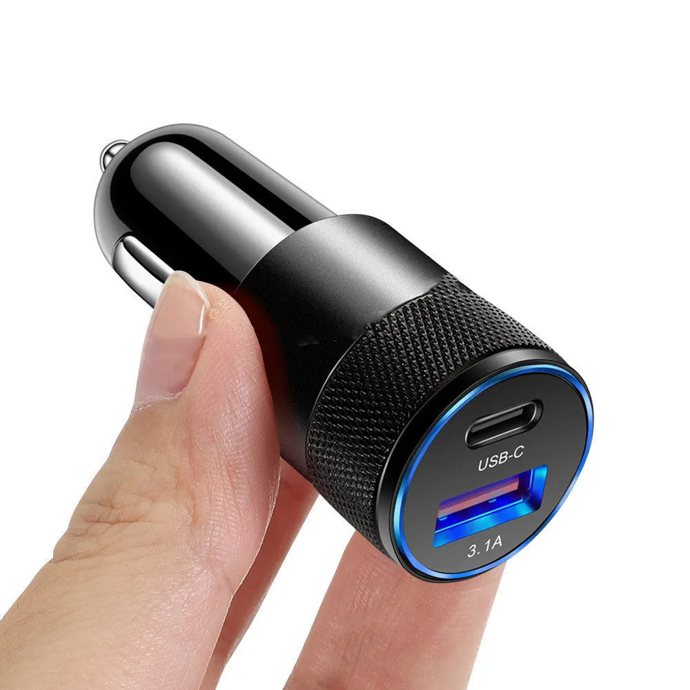 Aluminium alloy car charger in All Black and Black Silver colours with compact 2.5x6cm dimensions