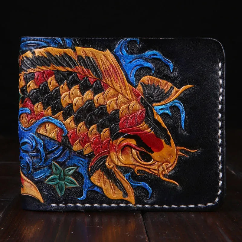 Men's carved cow leather short wallet in blue, showing open foldover design and dimensions.