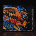 Men's carved cow leather short wallet in blue, showing open foldover design and dimensions.