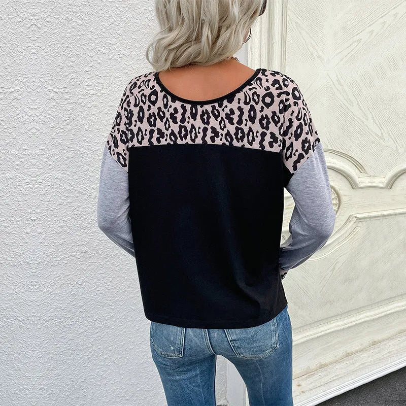 Women's black leopard print patchwork pullover sweater, loose fit, round neck, long sleeves, polyester knit