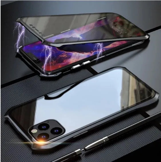 Metal and glass magnetic protective phone cover for iPhone 11 series in black, red, blue, and silver colours.