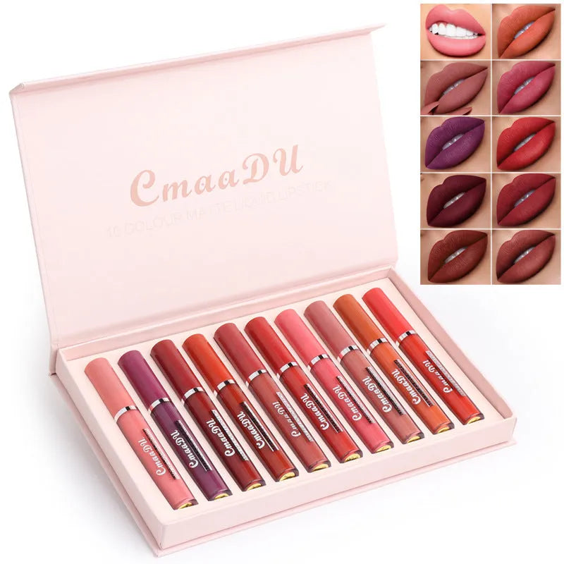 Set of 10 women's matte lipsticks in assorted colours with waterproof and non-stick cup features.