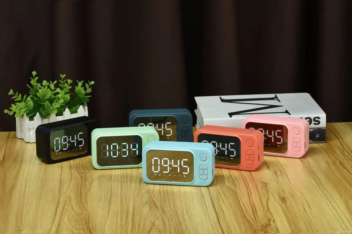 Portable Bluetooth speaker alarm clock radio, 138×78×46 mm, 1200mAh, shown in black with USB interface and button controls