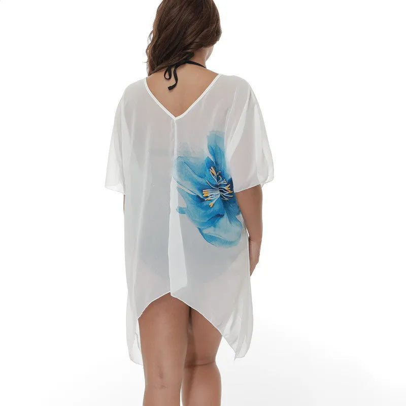 White plus size beach cover-up blouse loose fit for women swimming sun protection