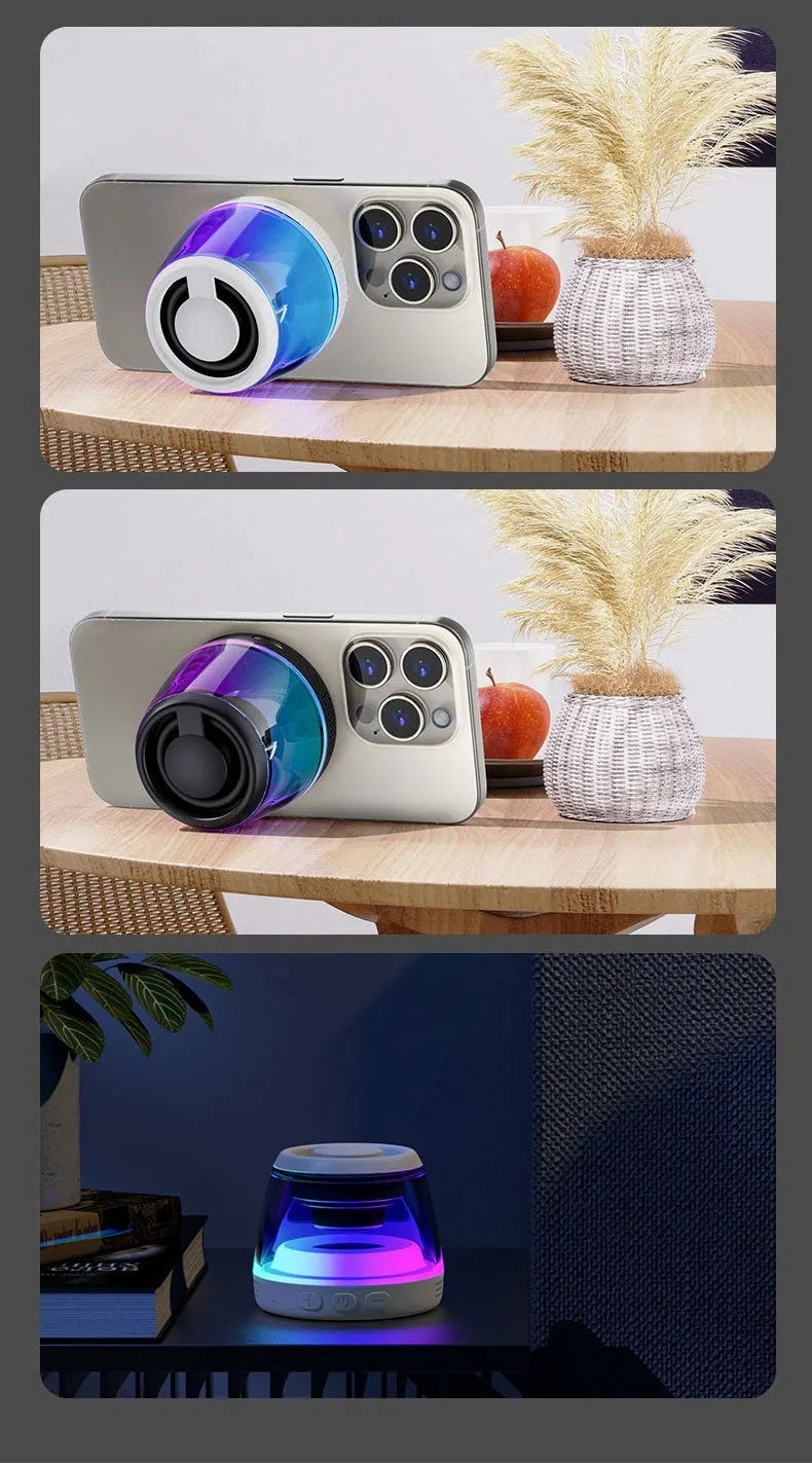 Portable white Bluetooth speaker with ambient lighting and magnetic base for desktop use