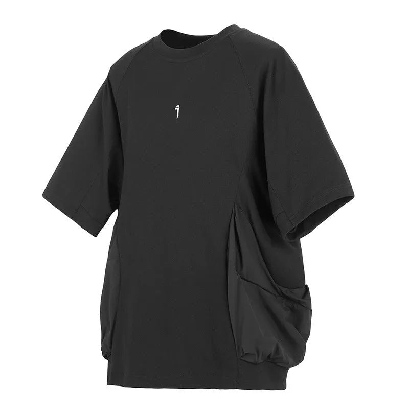 Men's loose casual cotton short sleeve T-shirt with big pockets in black colour