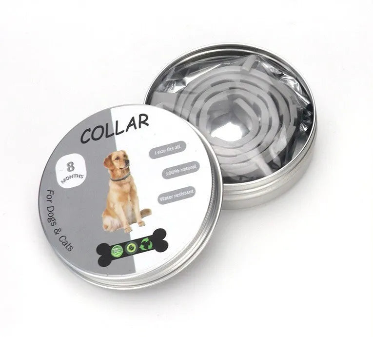 Adjustable silicone flea repellent collar for dog or cat in yellow on white background
