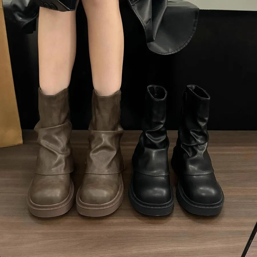 British street pleated sleeve slugged bottom boots, low square heel, artificial PU, khaki and black, sizes 35-39
