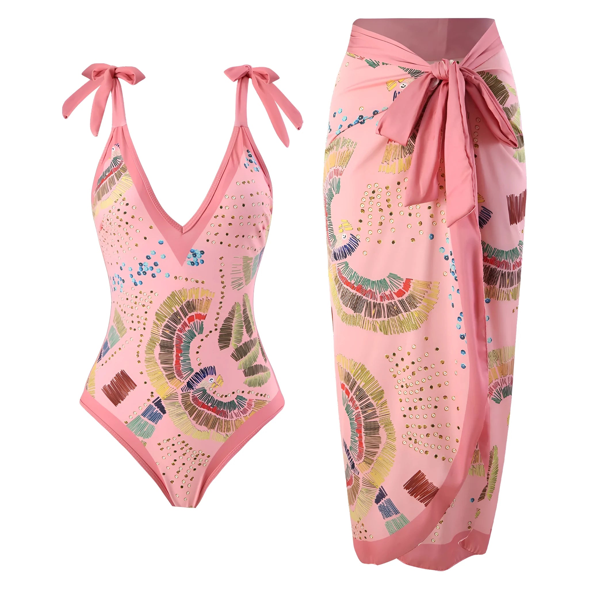Women's blue French retro one-piece backless swimsuit with matching gauze skirt for the beach