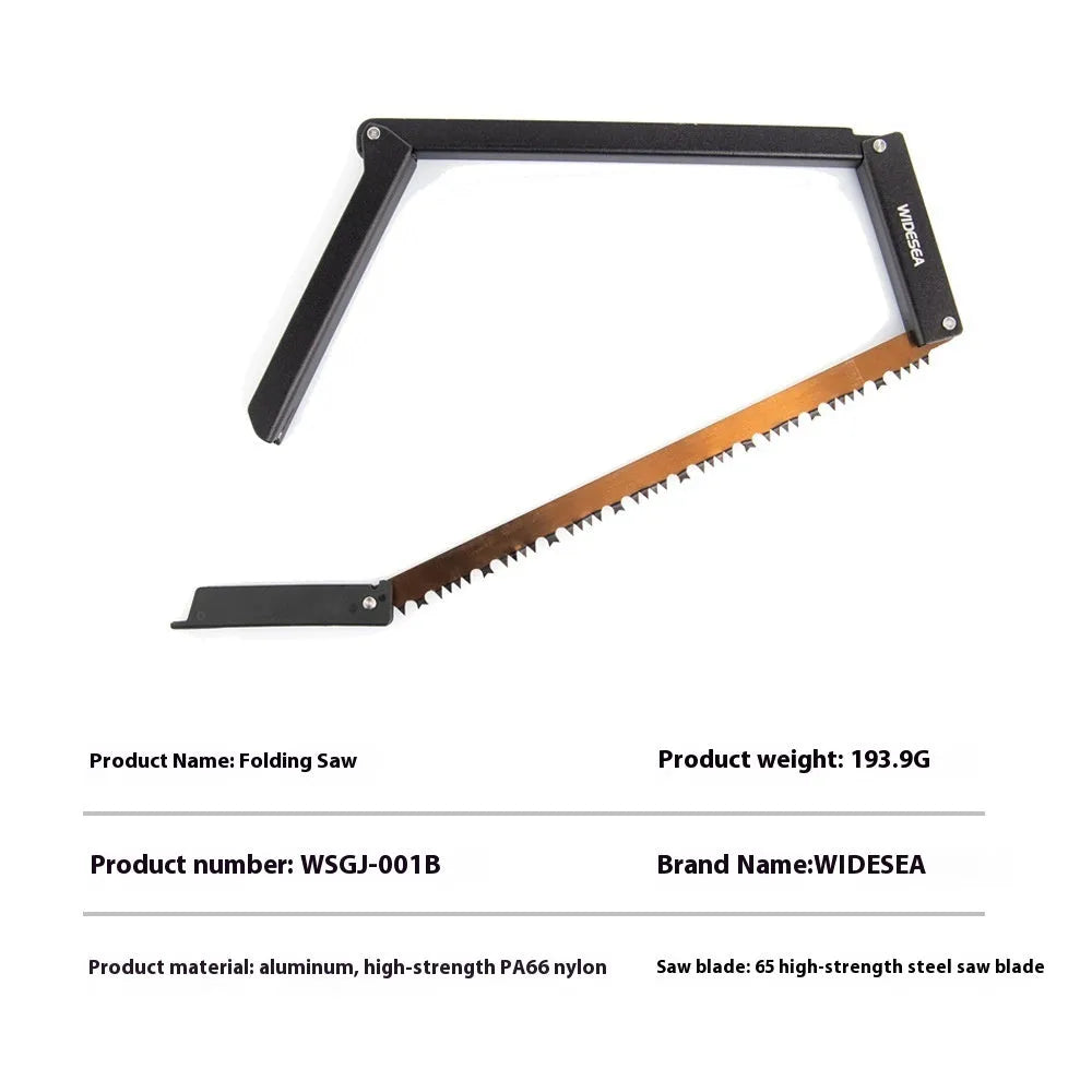 Black foldable outdoor survival saw with aluminium alloy frame and nylon handle.