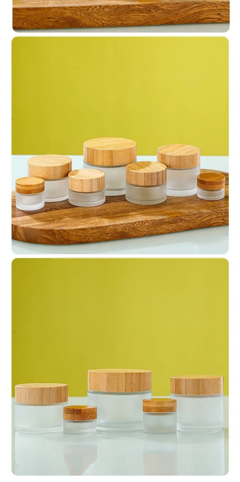 Glass cream jar with bamboo wood lid in frosted finish for facial skincare storage