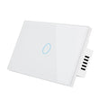 White 2-gang tempered glass touch light switch panel with LED indicators for wall mounting.