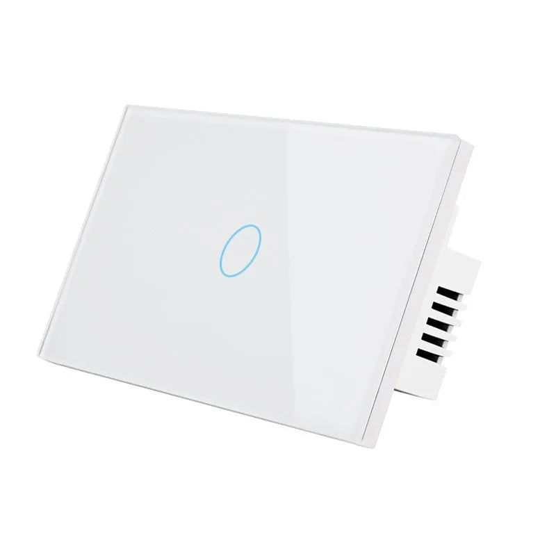 White 2-gang tempered glass touch light switch panel with LED indicators for wall mounting.