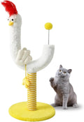 Tall sisal rope vertical cat scratching post with U-shaped design, spring ball, and chicken strip climbing feature.