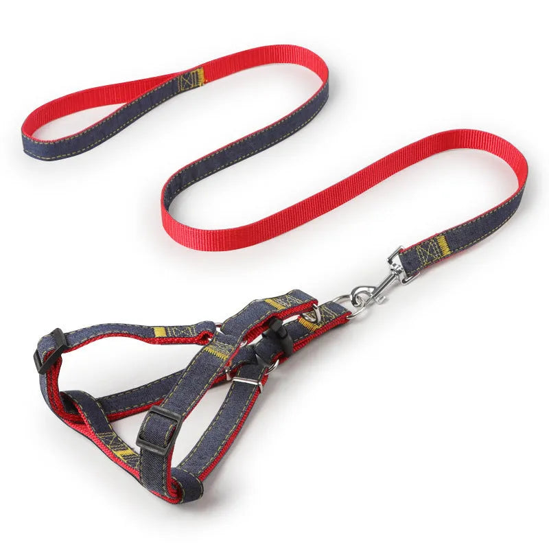 Pipitao denim dog leash with chest and back traction set, available in multiple colours and widths for dog walking