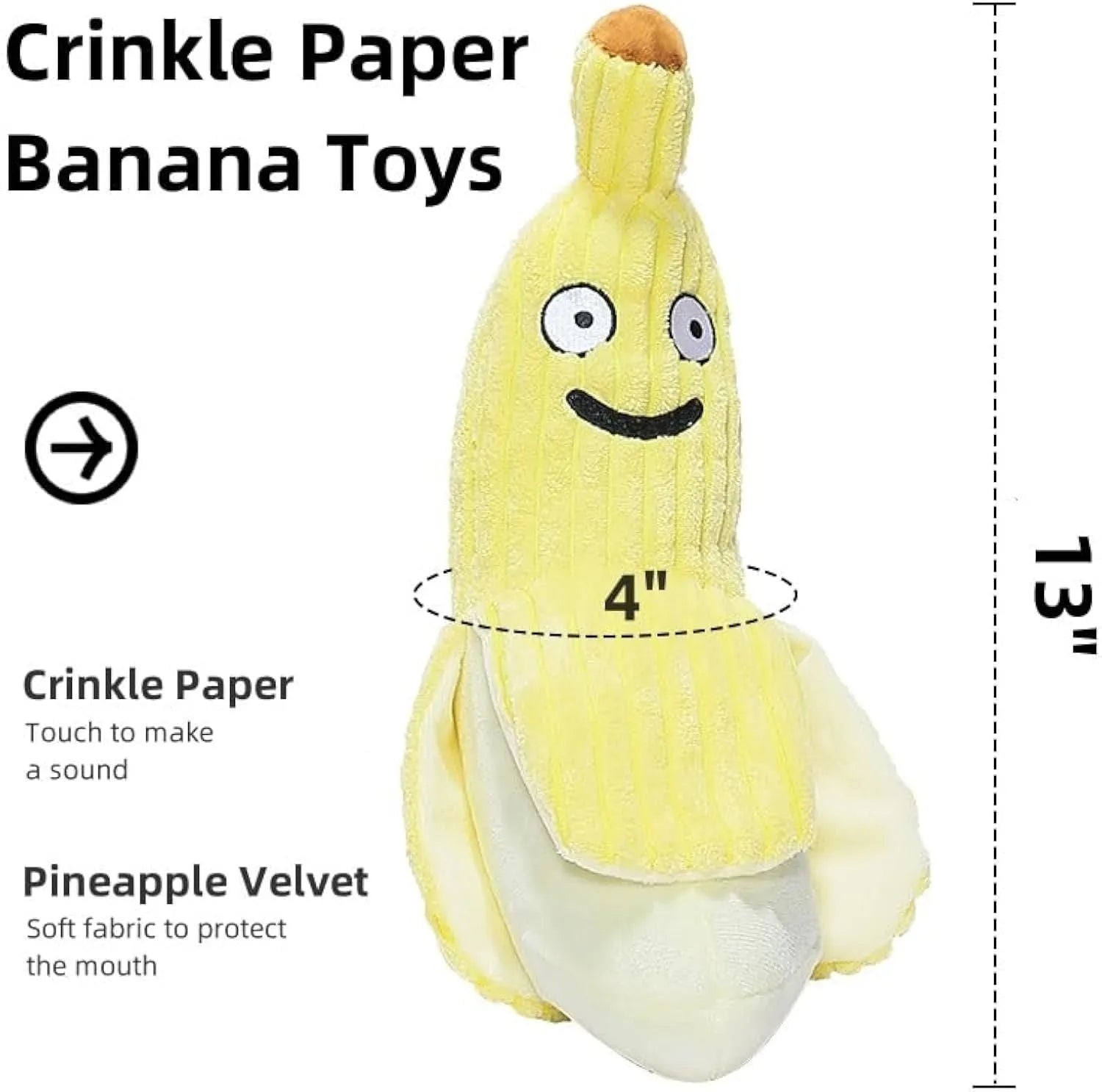 Yellow banana-shaped cat toy with crinkle sound element for interactive feline play