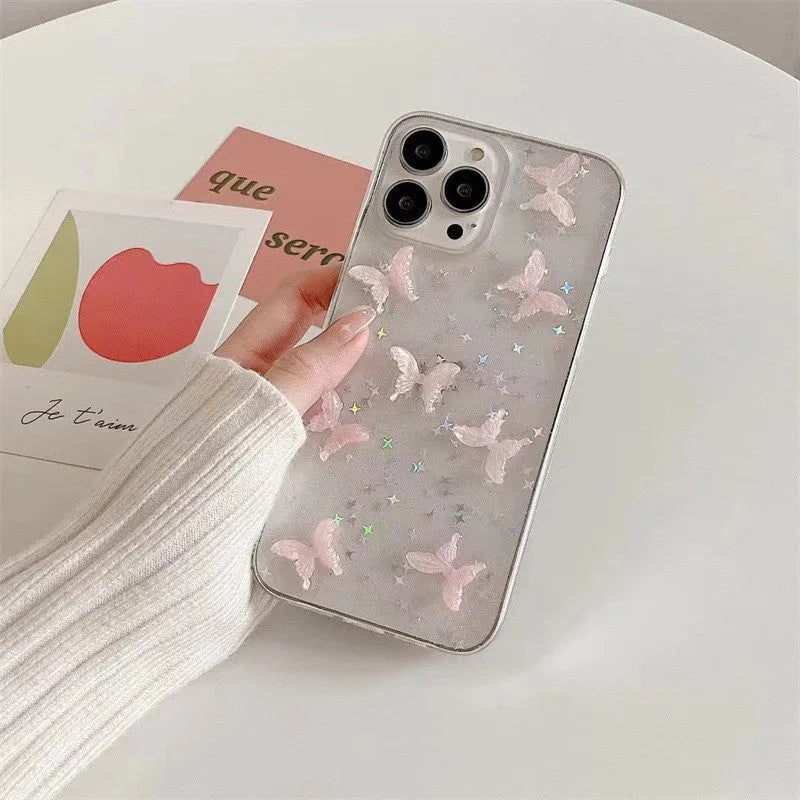 Butterfly pink ins style phone case with transparent TPU soft shell and 3D butterfly design for iPhone.