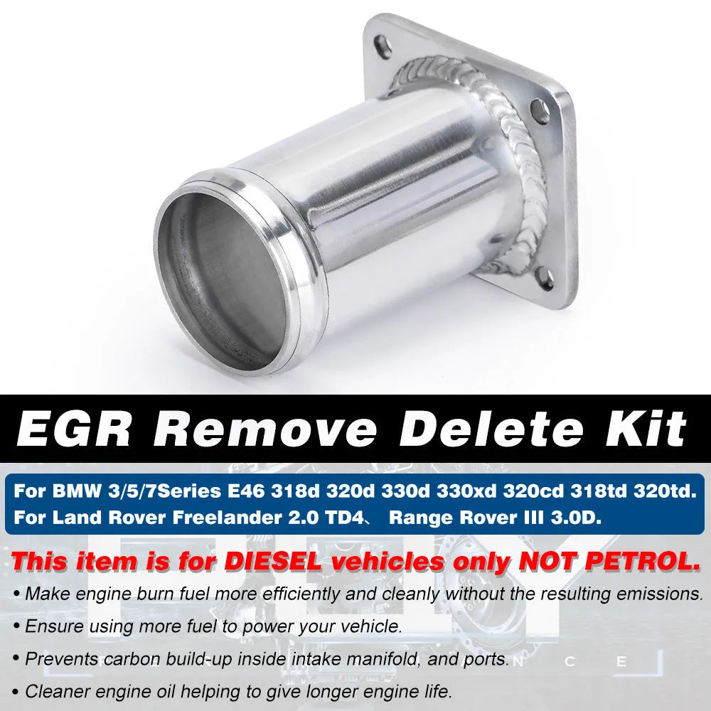 BMW E46 diesel EGR deletion kit showing black removal pipe, blanking plates, bolts, washers, plug and cable ties