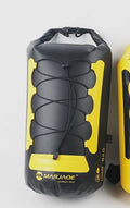 Yellow and black PVC dry bag with 20L capacity showing wet/dry separation compartments for water sports