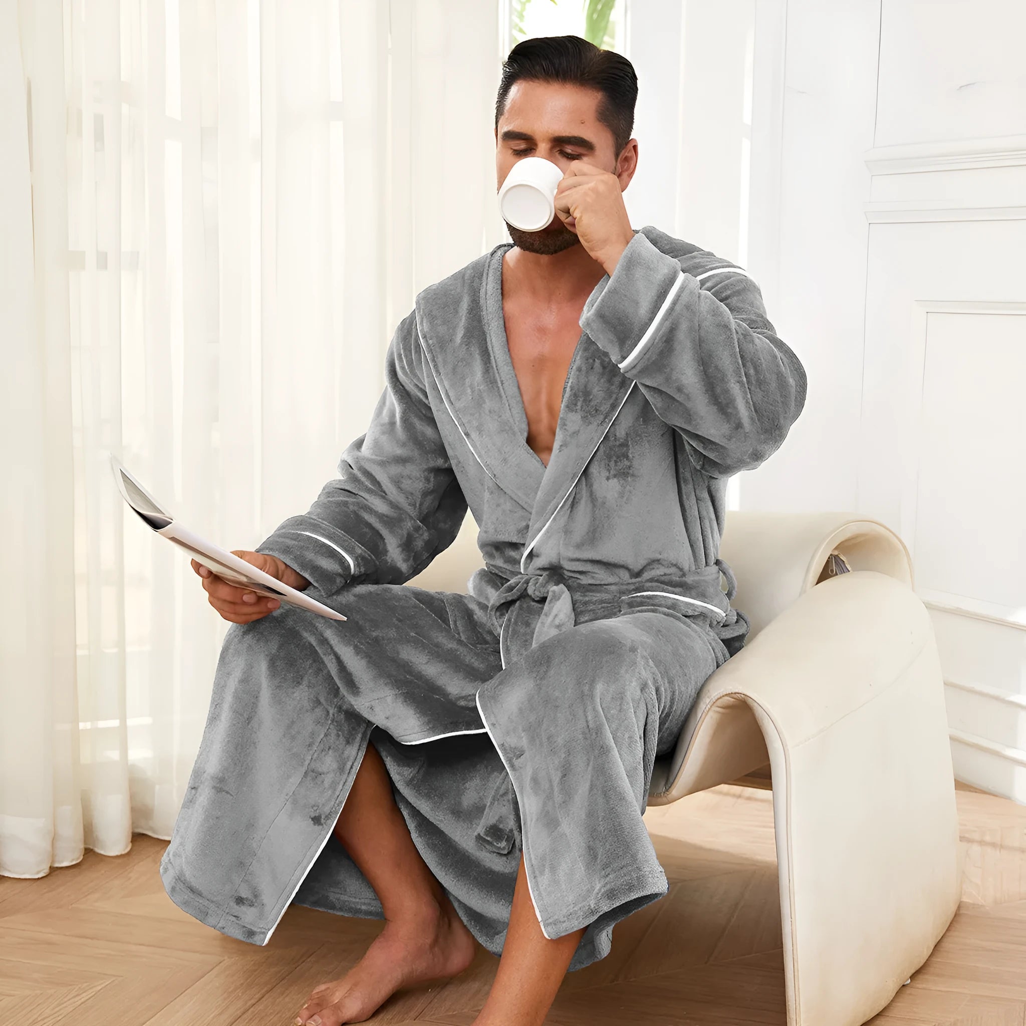 Men's grey flannel bathrobe set on hanger showing European/American style cut