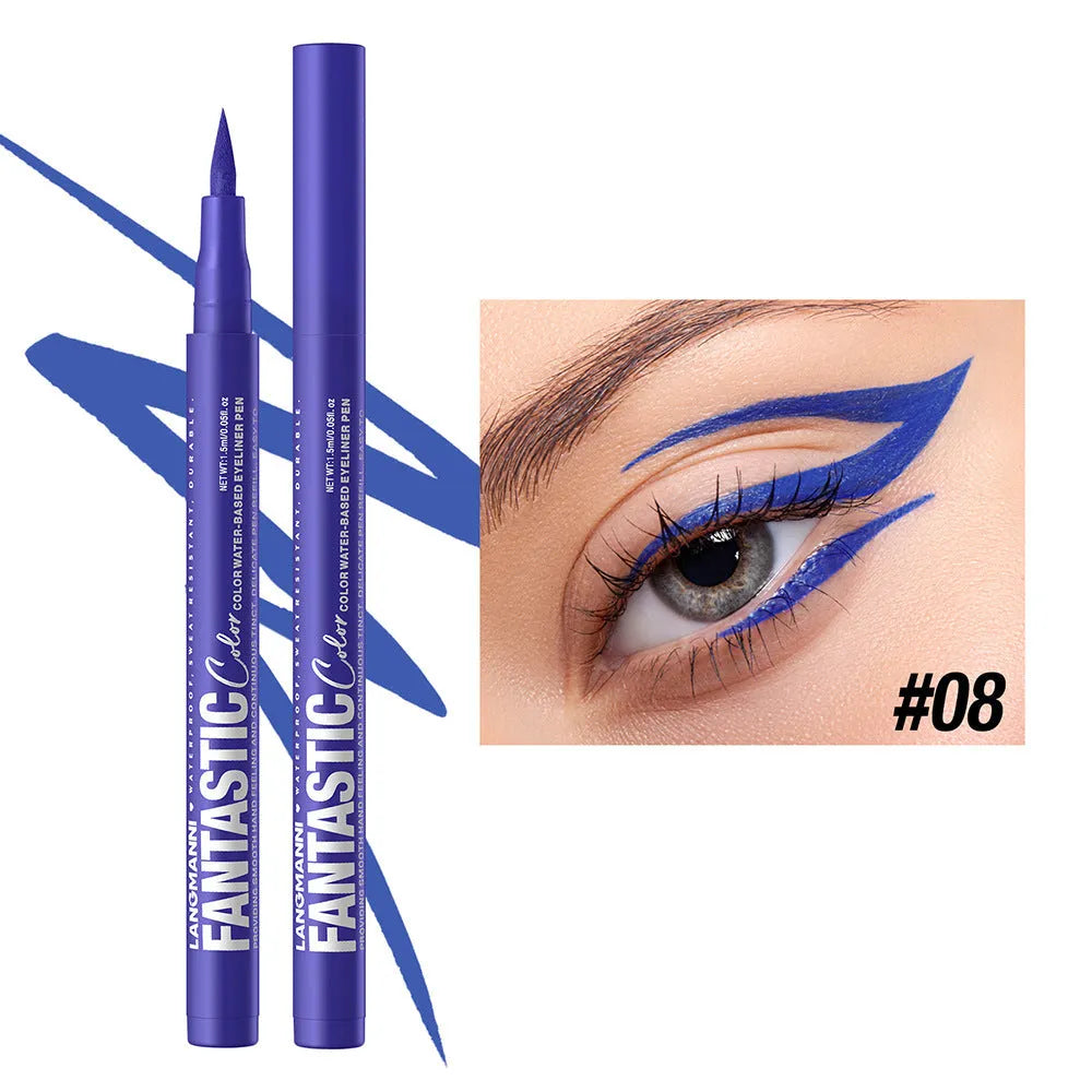 Twelve matte liquid eyeliners in different colours including white, gold, purple, brown, blue, and iron gray