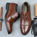 Men's black formal lace-up shoe with decorative stitching and a horse buckle on a rubber sole.