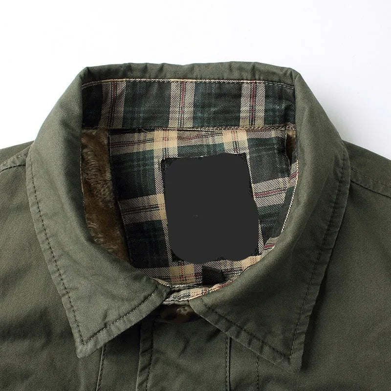 Men's fleece-lined thickened washed jacket in khaki, slim fit mid-length cotton trench coat with velvet lining