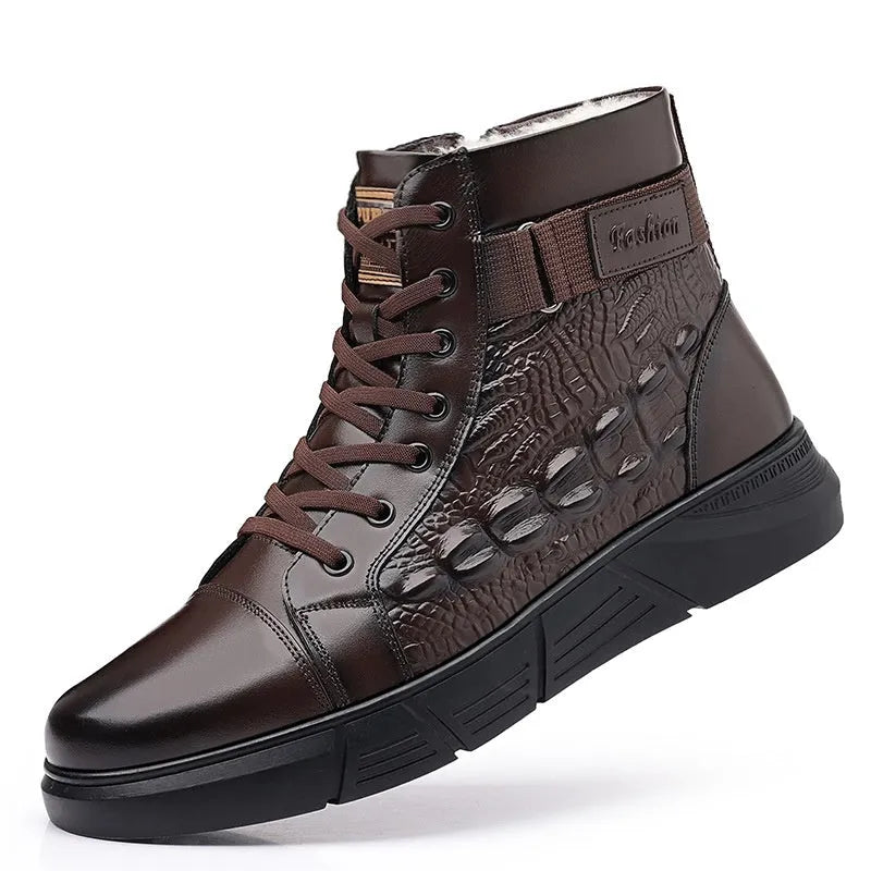 Women's black genuine leather lace-up winter boots with velvet detail and snow cotton lining.