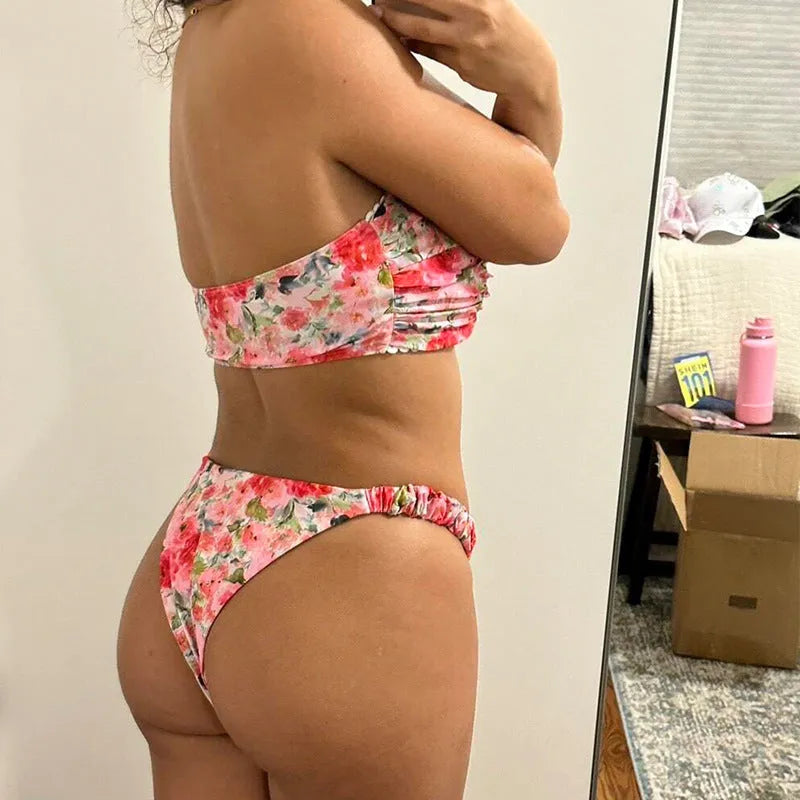 Colourful floral print European and American style bikini tube top with lace trim and matching shorts